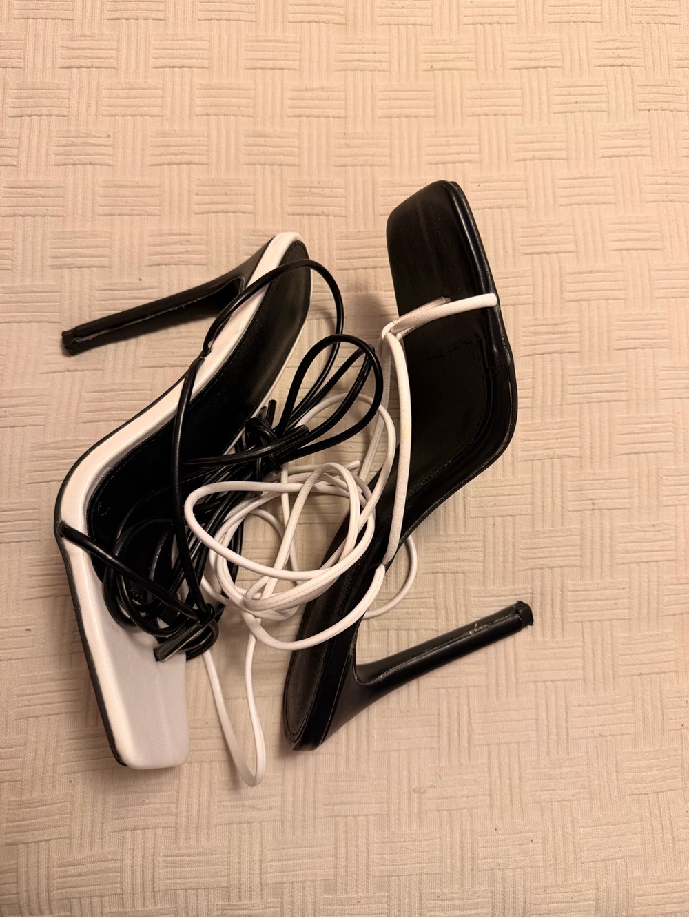 SHEIN Black and White Lace-Up Stiletto Sandals